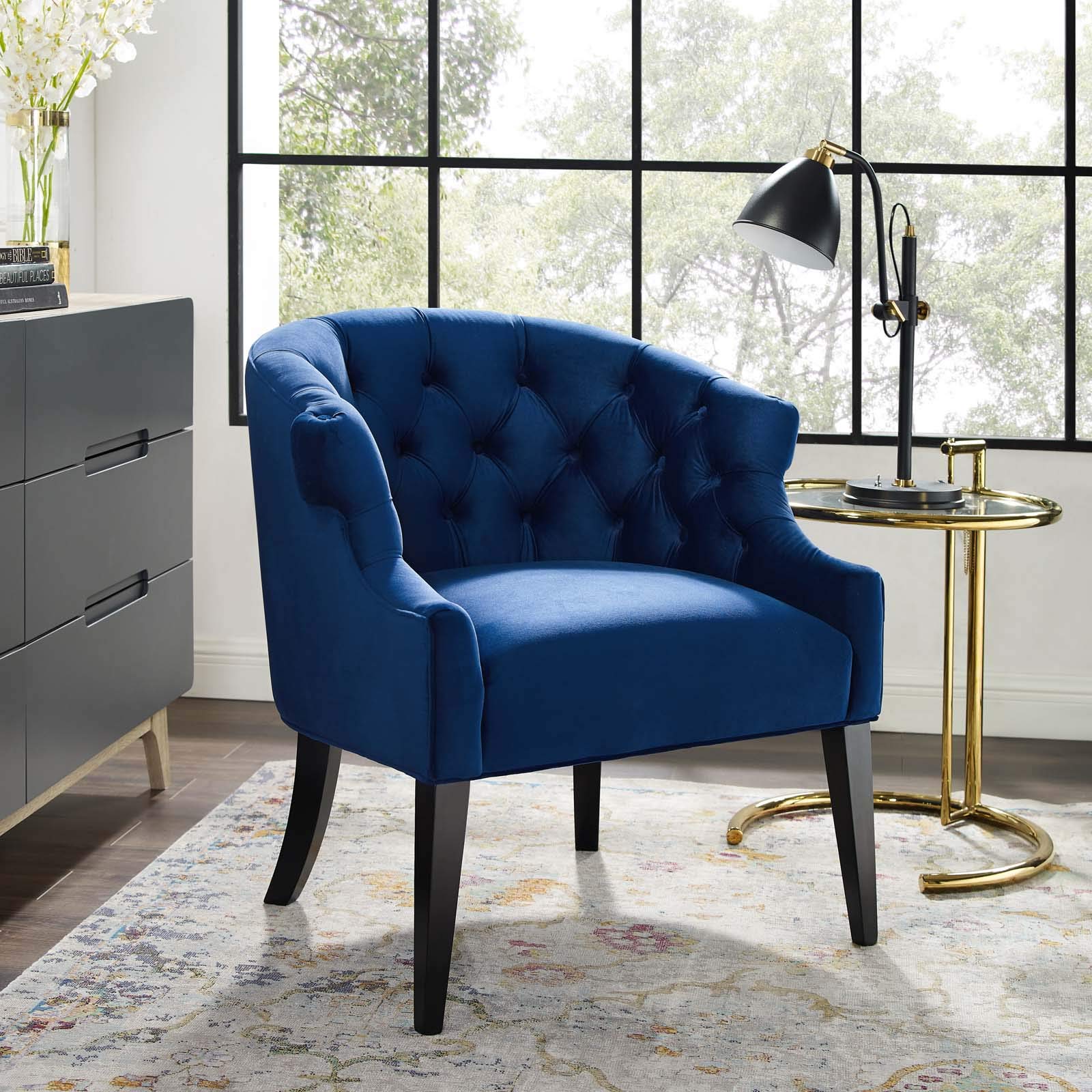 Modway Precept Tufted Button Performance Velvet Accent Living Room Chair In Navy